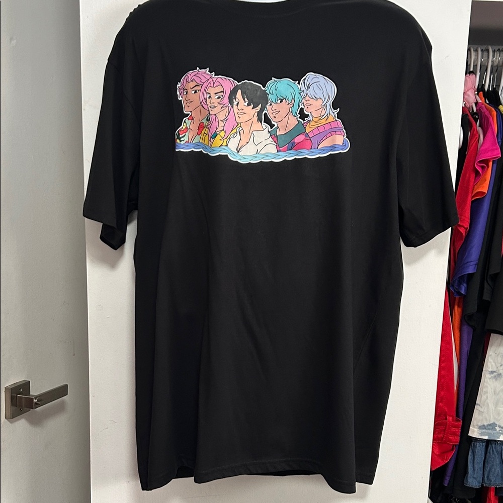 Saja Boys Black Graphic T-Shirt with Colorful Characters